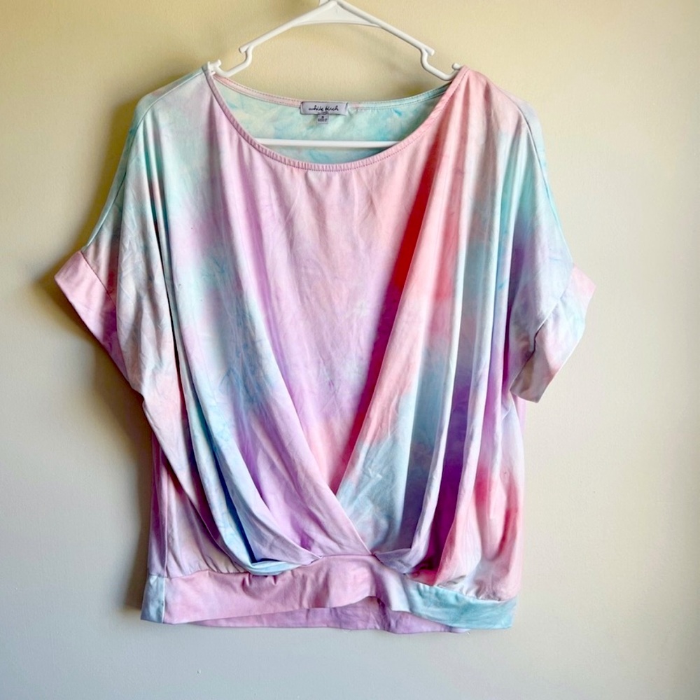 White Birch Tie Dye Ruched Crossover Short 
Sleeve Blouse